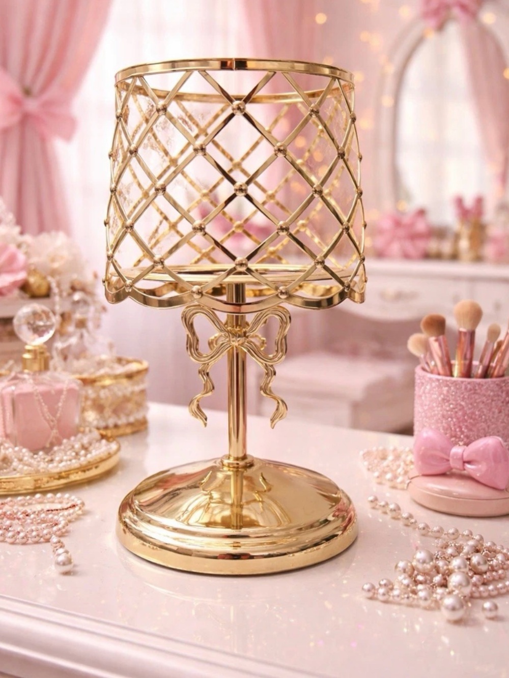 NEW BATH & BODY WORKS GOLD BOW 3 WICK CANDLE HOLDER 8" X 5" PEDESTAL SPRING